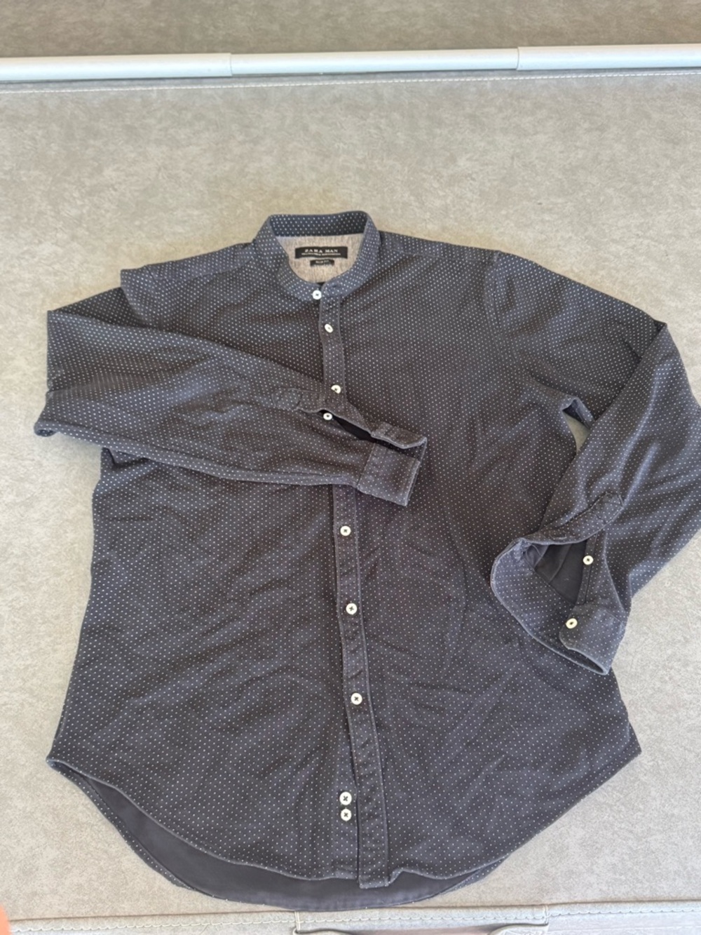 Zara Man | Slim Fit | Dark Navy | White Micro Dot Button Down Shirt Size L - Picture 3 of 3